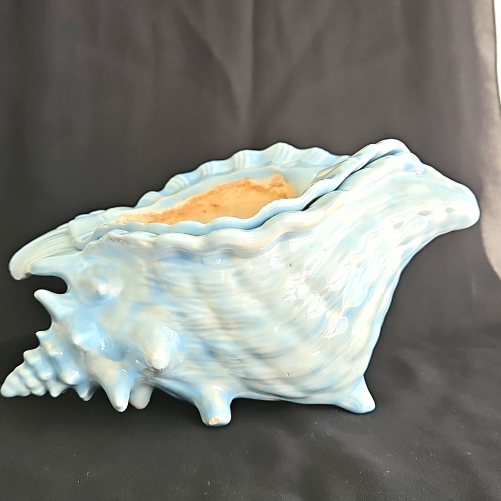 Vintage Blue Conch Seashell Atlantic Mold Ceramic Planter, 2 Pieces